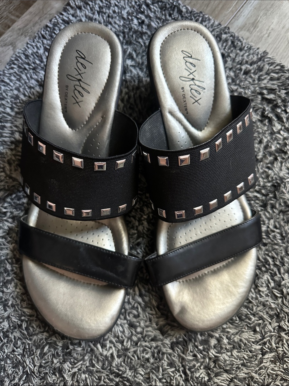 Black Slide Sandals with Metallic Silver Footbed, Dexflex by Dexter, 8 1/2